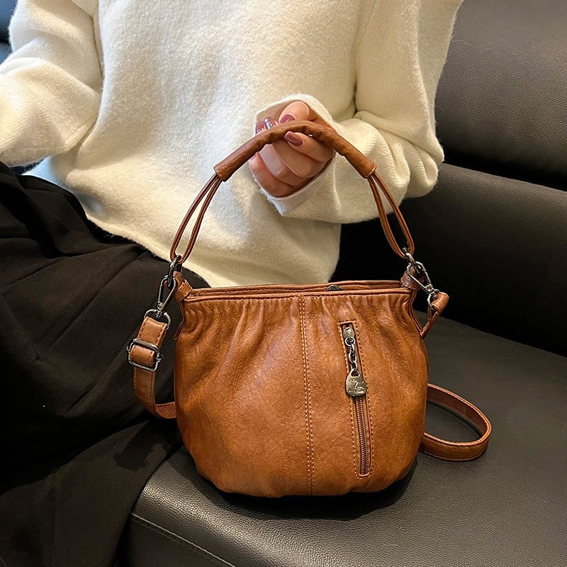 Pleated Bucket Leather Handbag